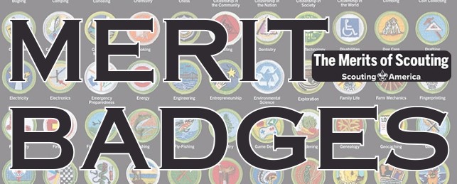 Image with "Merit Badges" text and a background depicting various Merit Badges