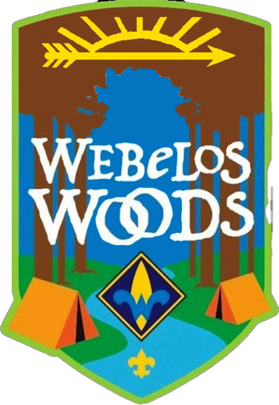 Two tents on either side of a stream in the woods, with the Webelos and Arrow of Light symbols along with the text 'Webelos Woods'