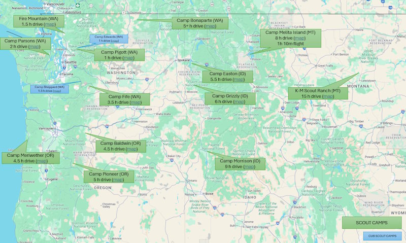 Map of the greater Pacific and Inland Northwest, with callout bubbles indicating summer camp locations.